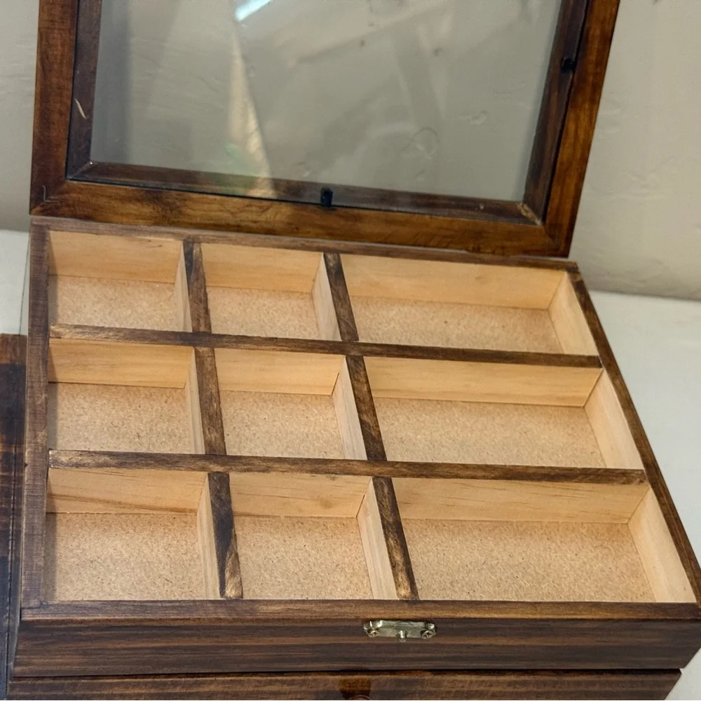 Wooden Brown Glass Jewelry Watch Box With Shelf Organizer